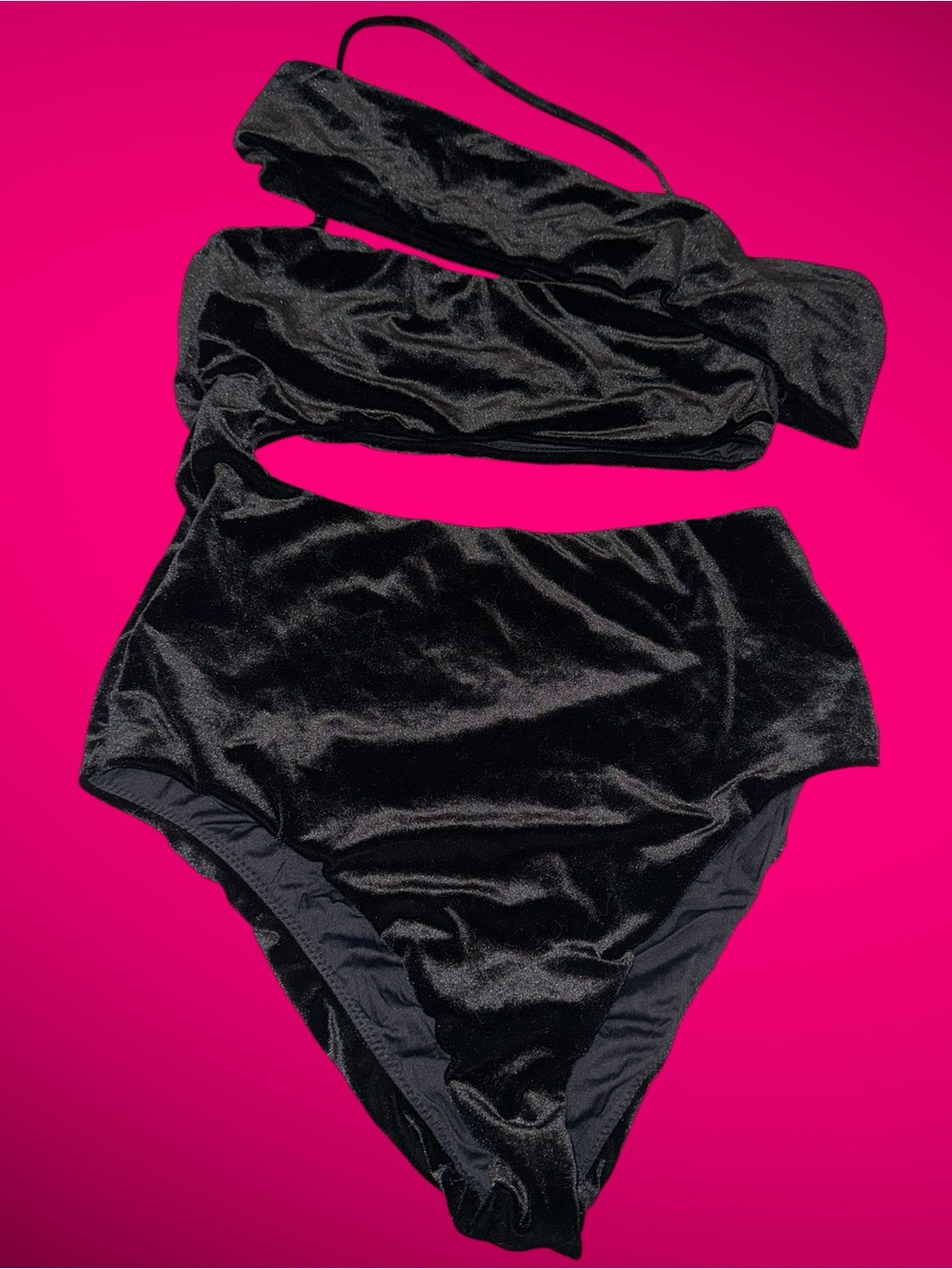 Rare Unworn Black Velvet Asymmetrical High Waist Off Shoulder with Cutouts Suit